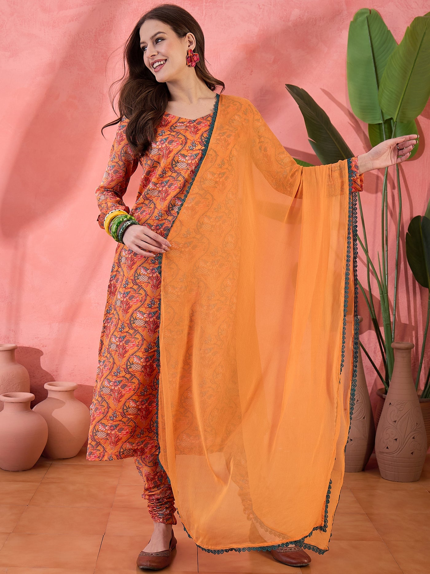 Orange Floral Print Anarkali Churidar With Dupatta