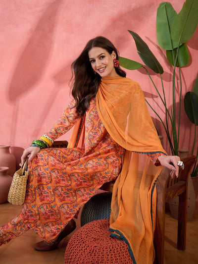 Orange Floral Print Anarkali Churidar With Dupatta