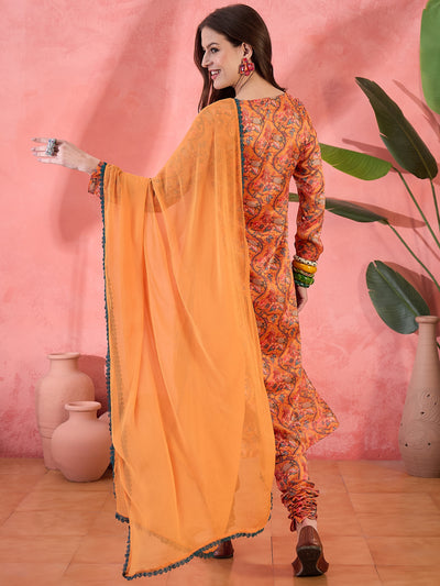 Orange Floral Print Anarkali Churidar With Dupatta