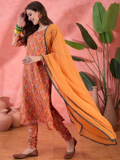 Orange Floral Print Anarkali Churidar With Dupatta