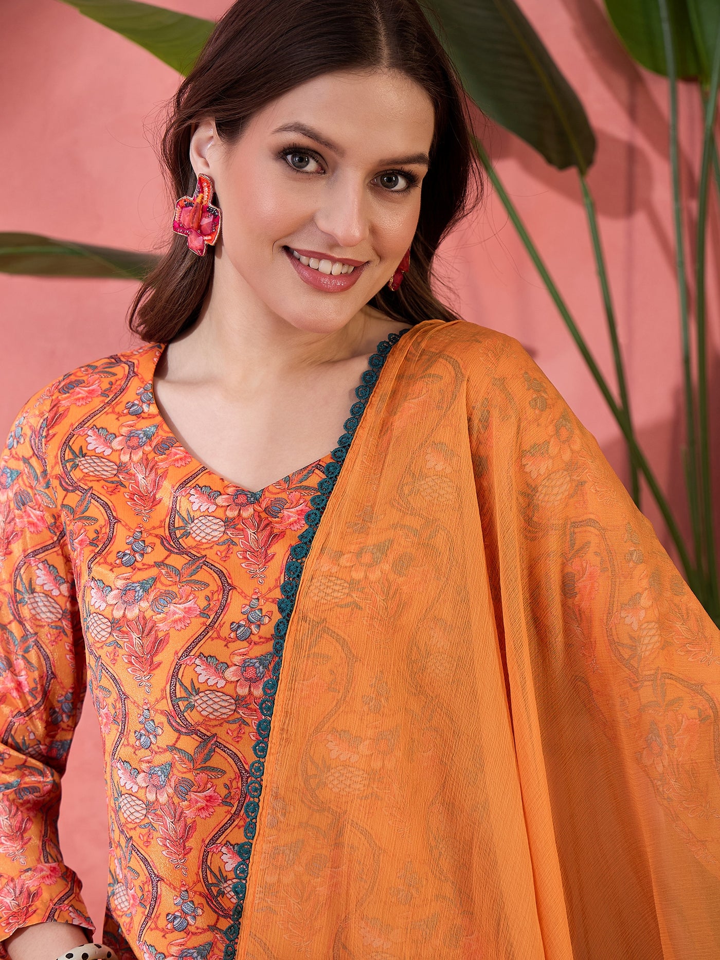 Orange Floral Print Anarkali Churidar With Dupatta