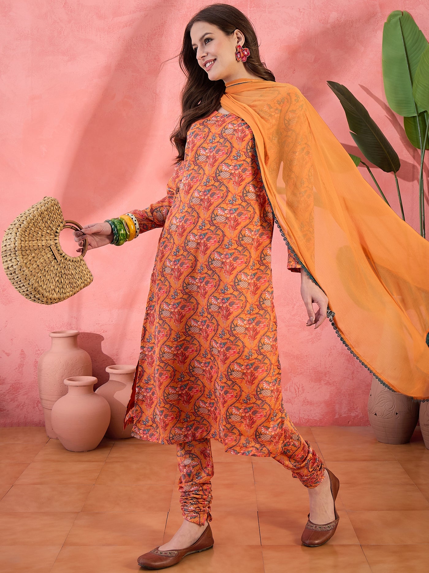 Orange Floral Print Anarkali Churidar With Dupatta