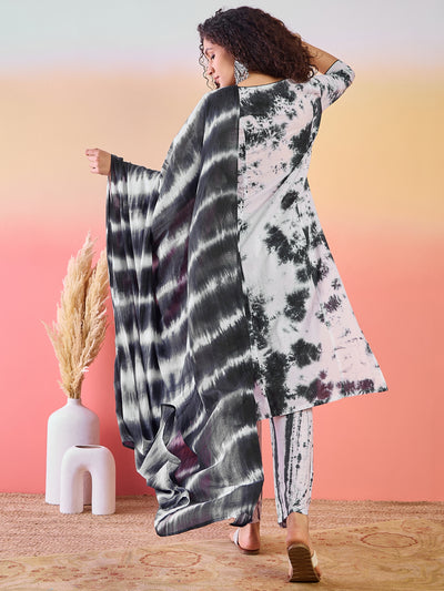 White & Black Tie-dye Kurta Palazzo With Dupatta