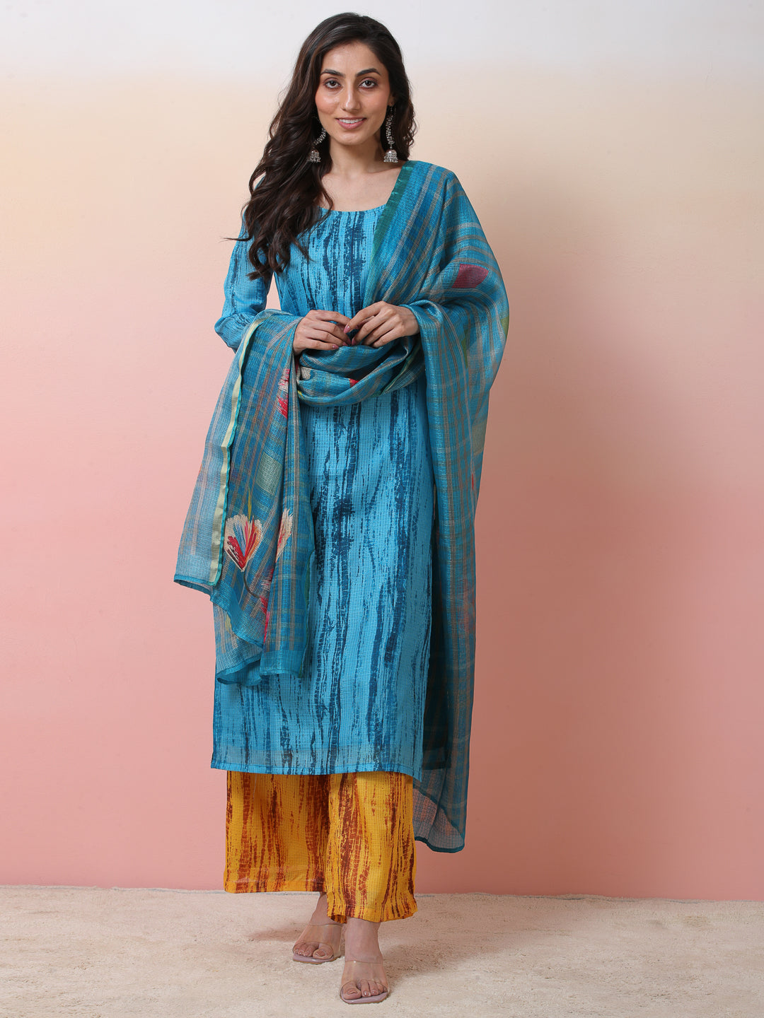 Blue & Mustard Printed Kurta Palazzo With Dupatta