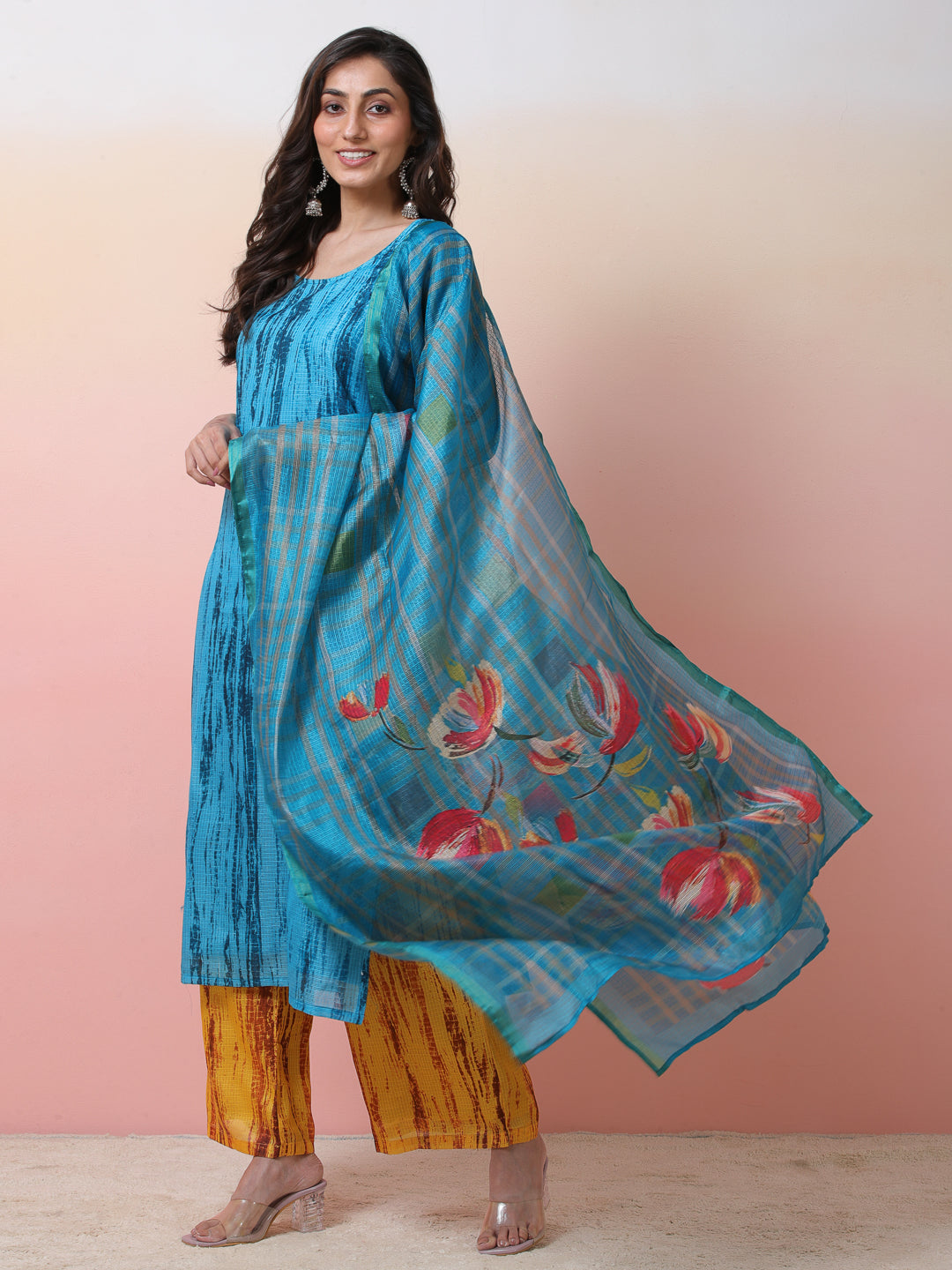 Blue & Mustard Printed Kurta Palazzo With Dupatta