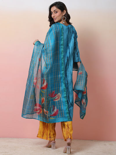 Blue & Mustard Printed Kurta Palazzo With Dupatta