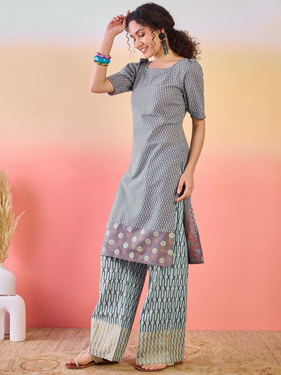 Grey & Blue Printed Cotton Kurta Set