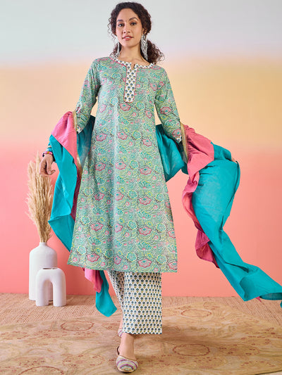 Green Floral Print Kurta Palazzo With Ruffle Dupatta