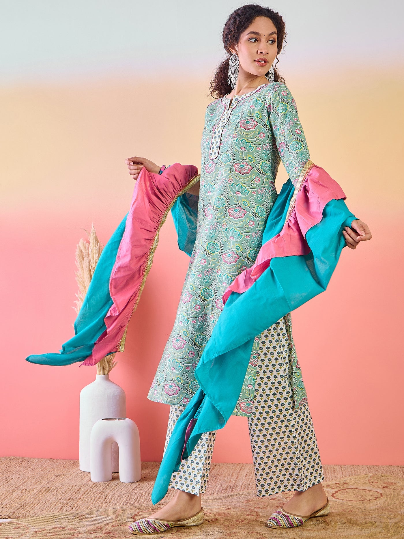 Green Floral Print Kurta Palazzo With Ruffle Dupatta