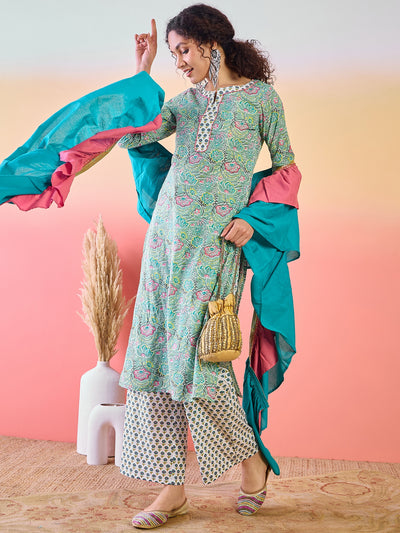 Green Floral Print Kurta Palazzo With Ruffle Dupatta