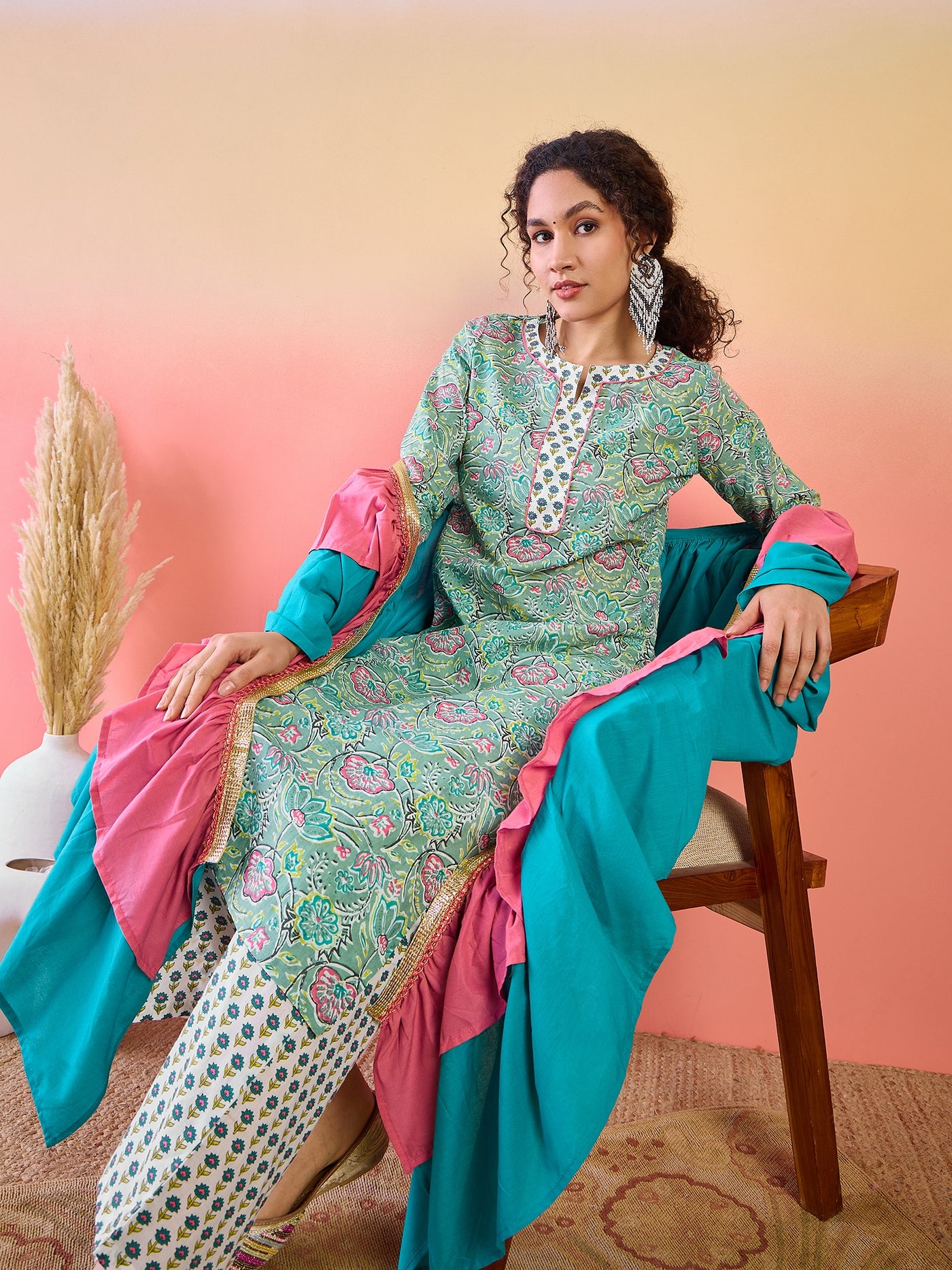 Green Floral Print Kurta Palazzo With Ruffle Dupatta