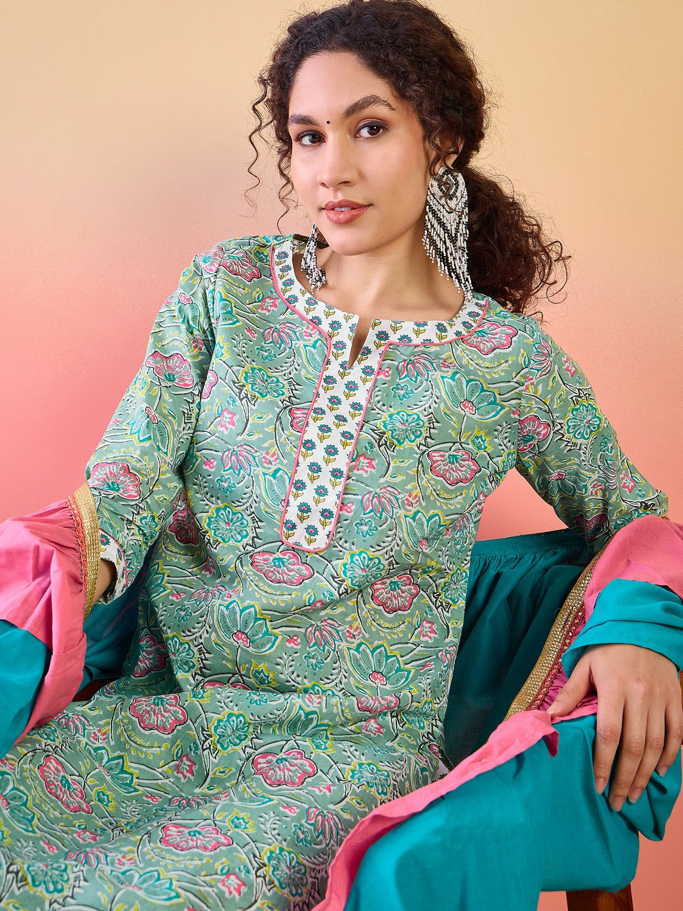 Green Floral Print Kurta Palazzo With Ruffle Dupatta