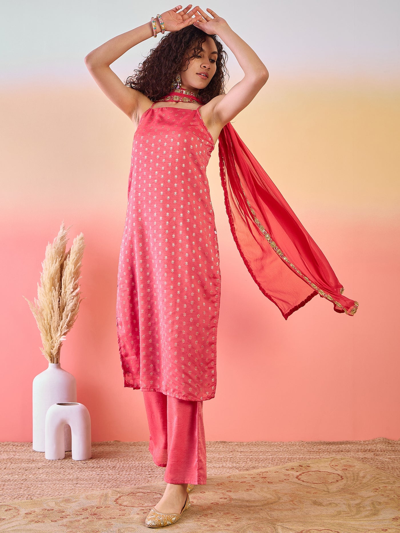 Red Woven Design Kurta Palazzo With Dupatta