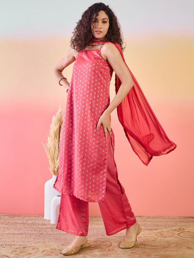 Red Woven Design Kurta Palazzo With Dupatta