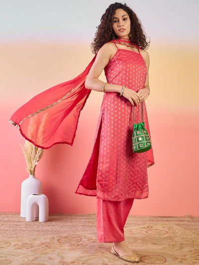 Red Woven Design Kurta Palazzo With Dupatta