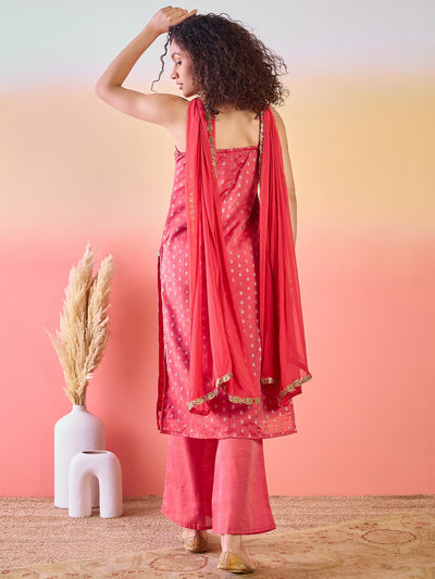 Red Woven Design Kurta Palazzo With Dupatta