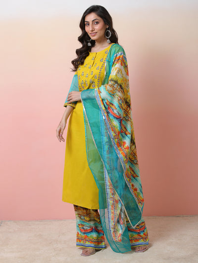 Yellow Embroidered Kurta Palazzo With Dupatta