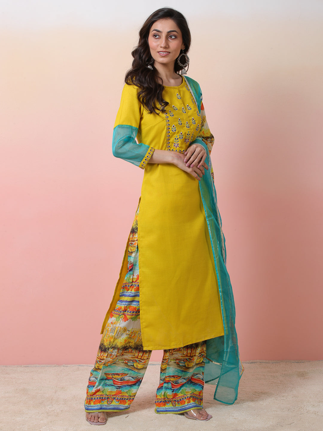 Yellow Embroidered Kurta Palazzo With Dupatta