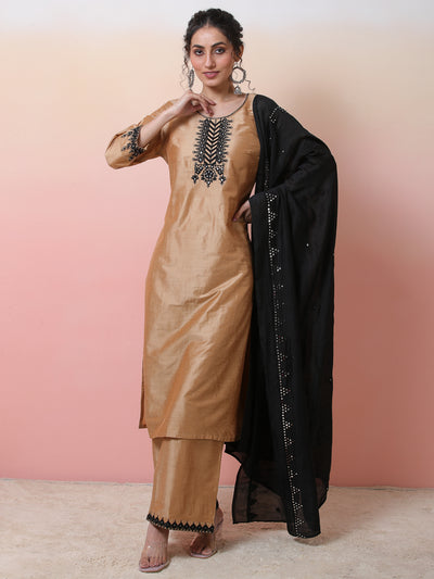 Beige Embroidered Kurta Palazzo With Dupatta