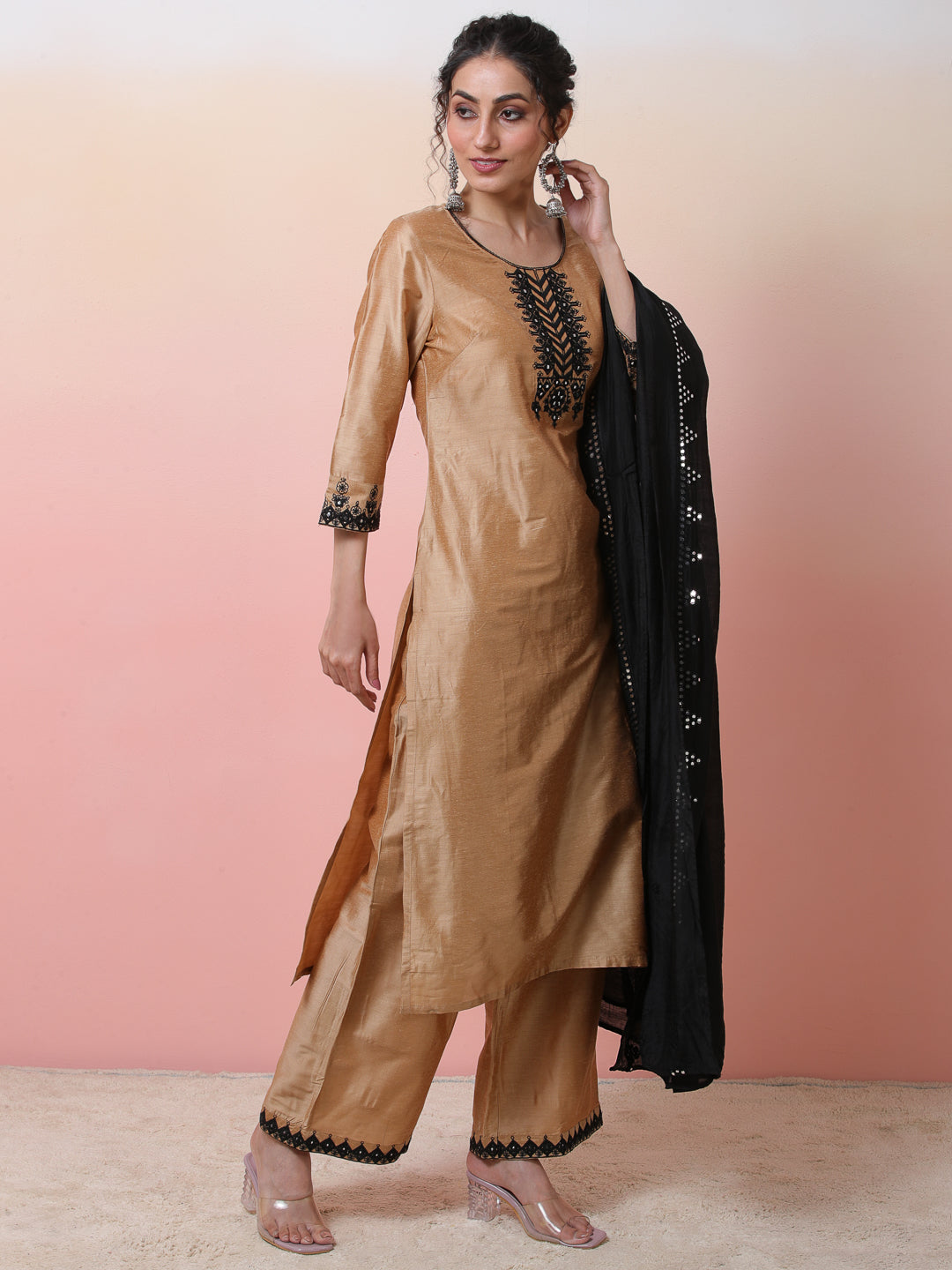 Beige Embroidered Kurta Palazzo With Dupatta