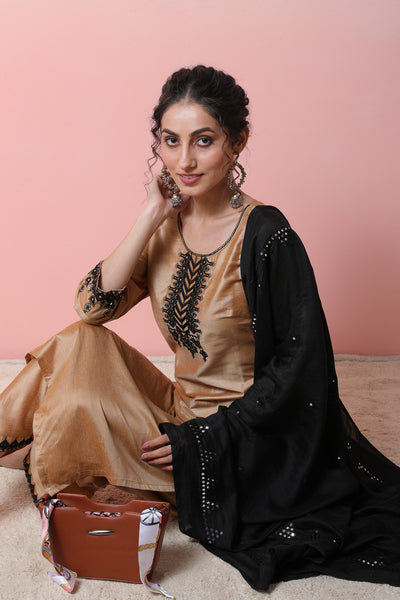 Beige Embroidered Kurta Palazzo With Dupatta