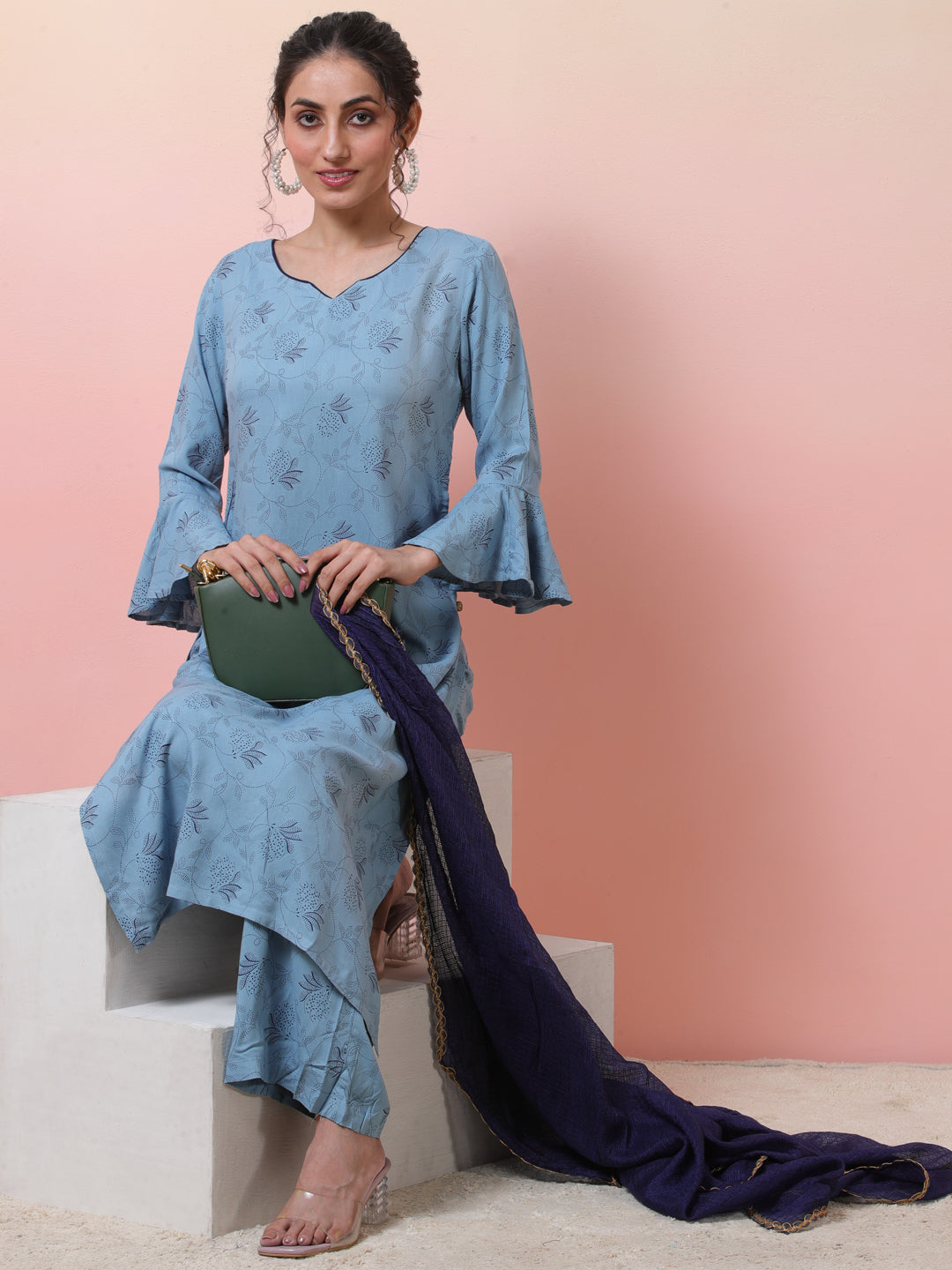 Blue Printed Kurta Palazzo With Dupatta