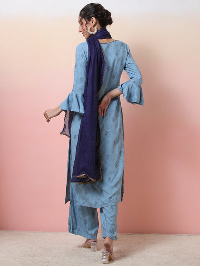 Blue Printed Kurta Palazzo With Dupatta