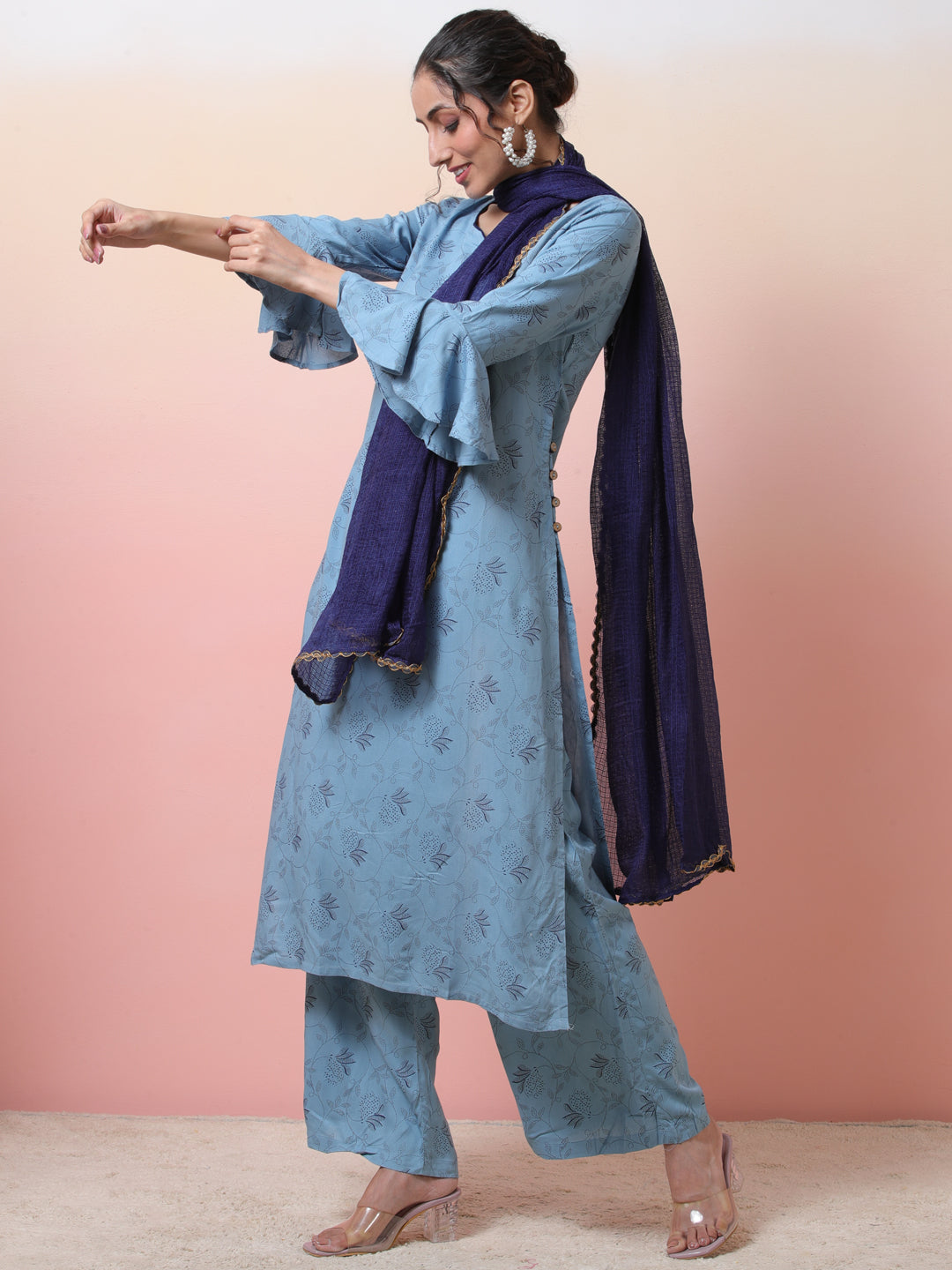 Blue Printed Kurta Palazzo With Dupatta