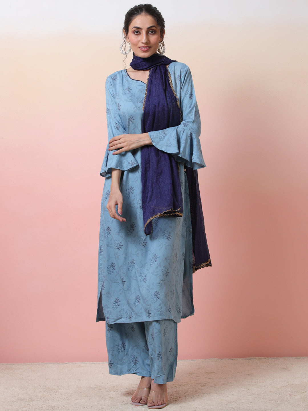 Blue Printed Kurta Palazzo With Dupatta