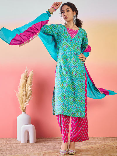 Blue Bandhani Print Kurta Palazzo With Dupatta