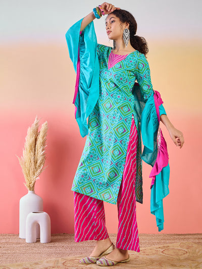 Blue Bandhani Print Kurta Palazzo With Dupatta