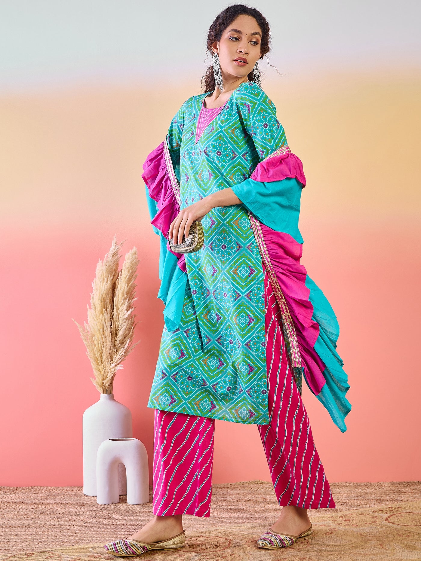 Blue Bandhani Print Kurta Palazzo With Dupatta