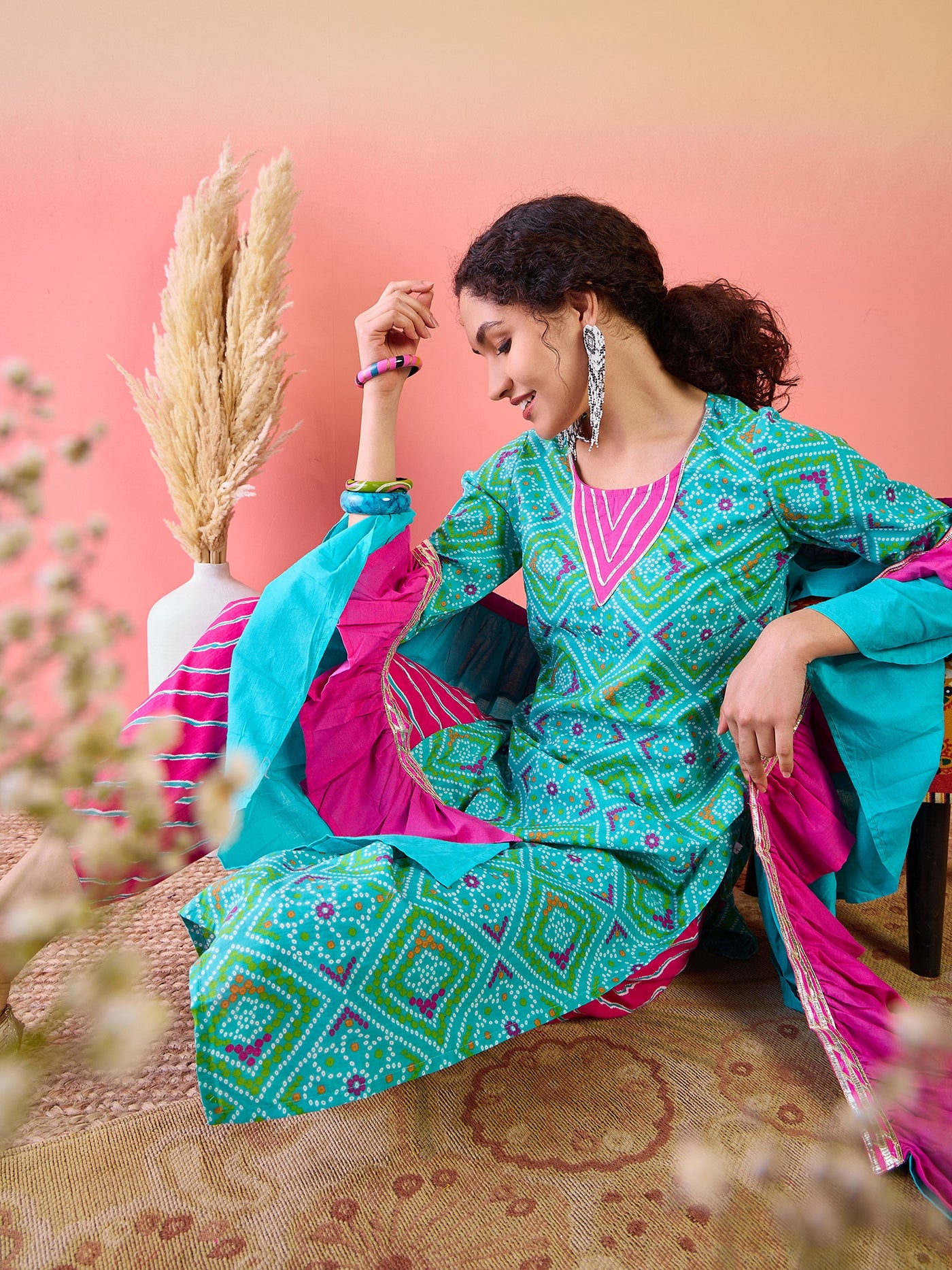 Blue Bandhani Print Kurta Palazzo With Dupatta