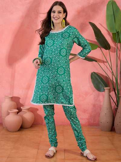 Green Bandhani Print Kurta With Churidar Pant