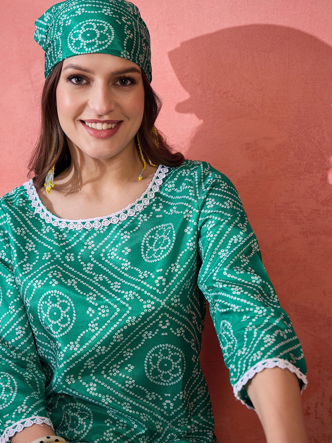 Green Bandhani Print Kurta With Churidar Pant