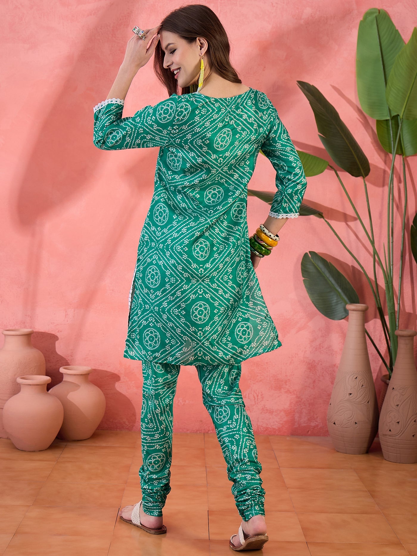 Green Bandhani Print Kurta With Churidar Pant