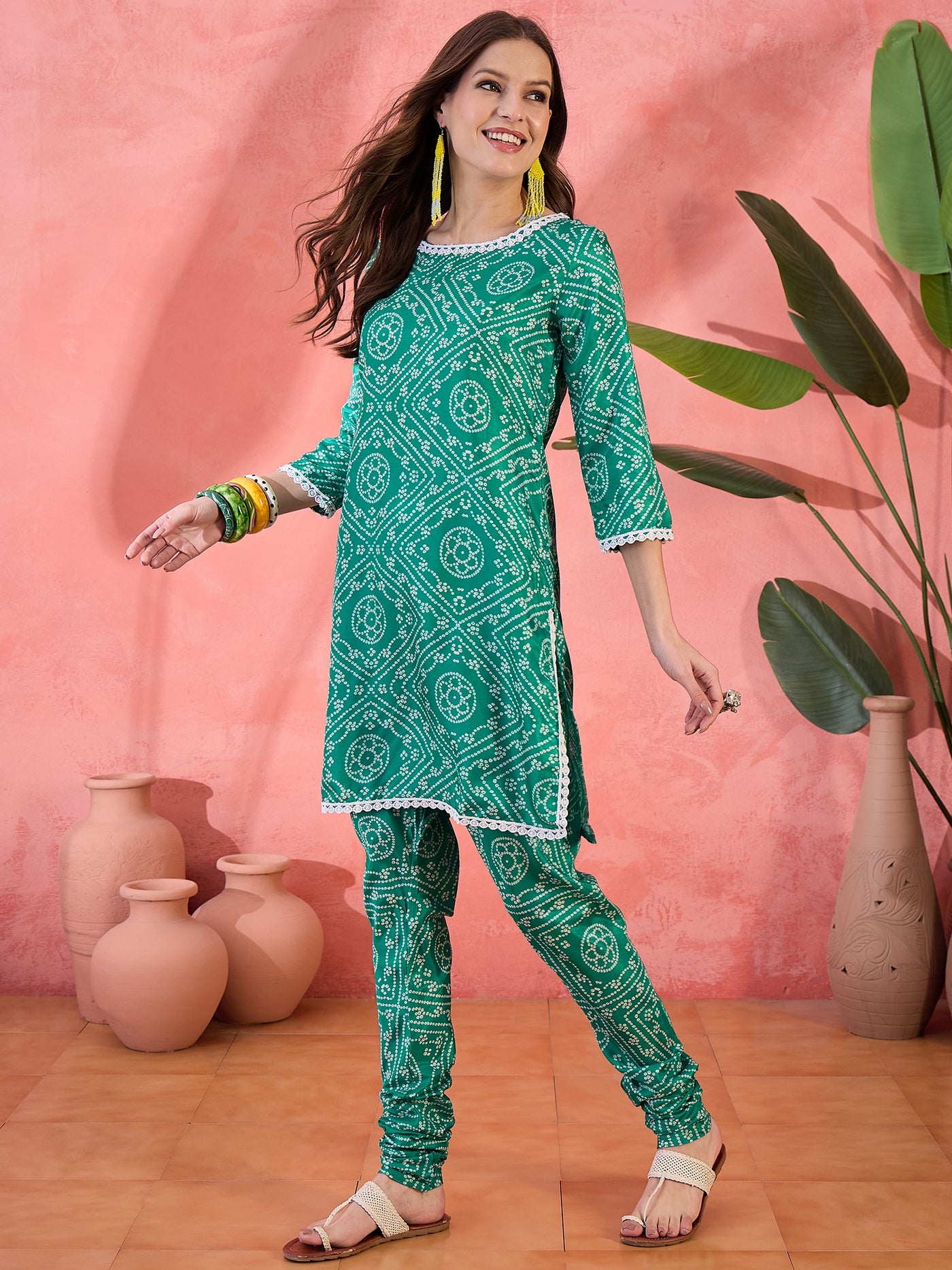 Green Bandhani Print Kurta With Churidar Pant