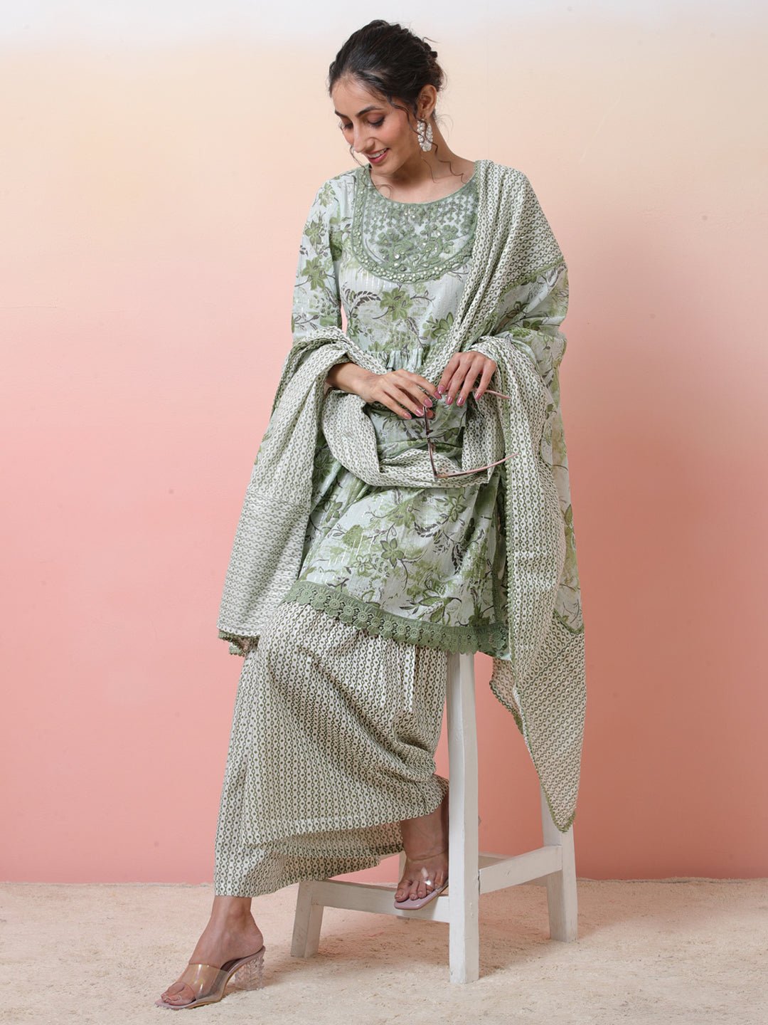 Green Printed Kurta Sharara With Dupatta