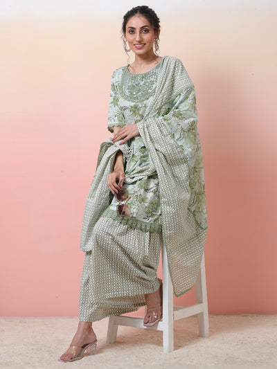 Green Printed Kurta Sharara With Dupatta