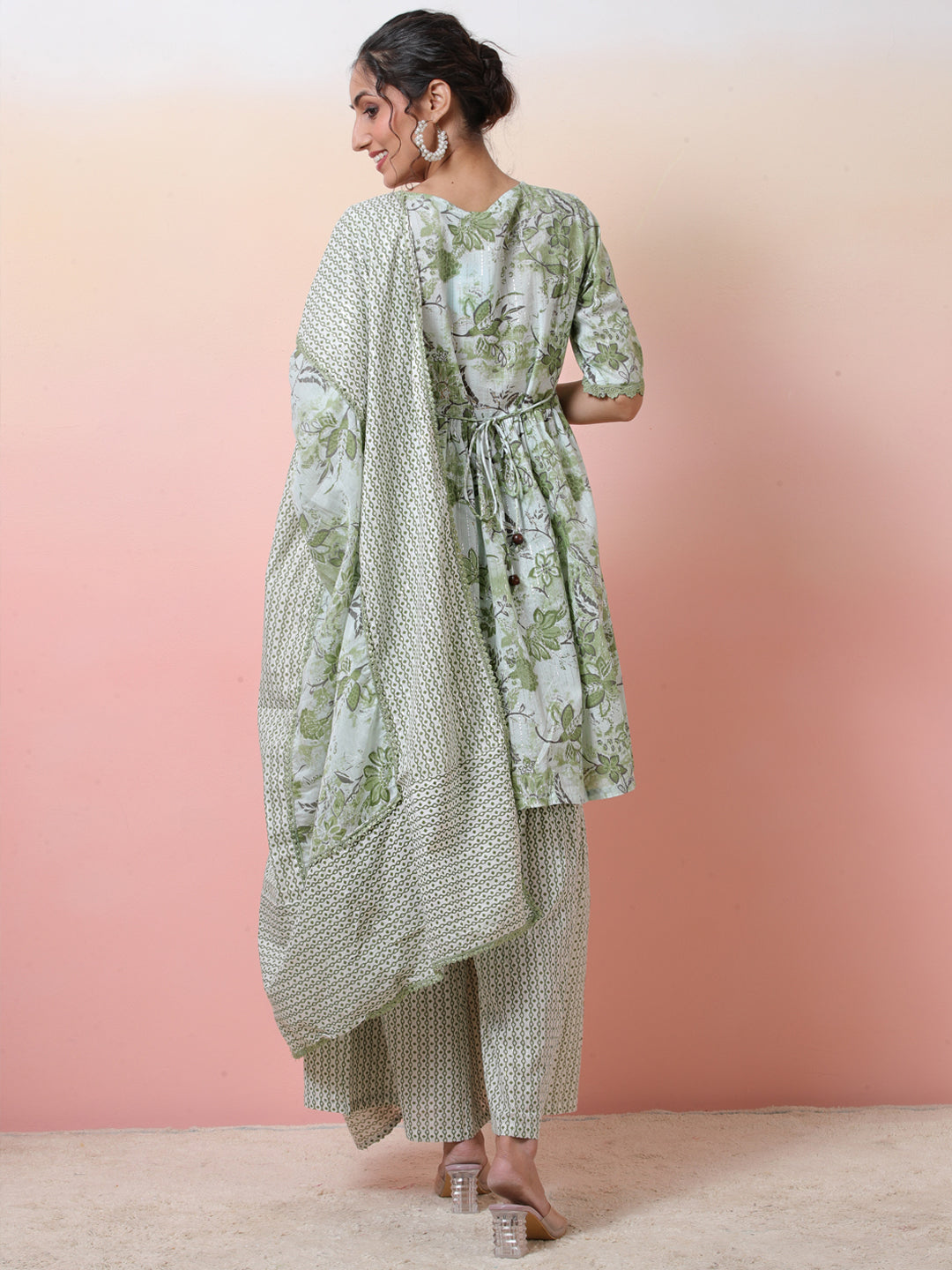 Green Printed Kurta Sharara With Dupatta