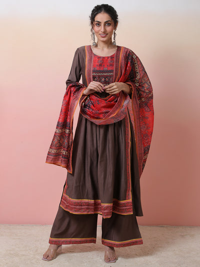 Brown Printed Nyra-Cut Kurta Palazzo With Dupatta