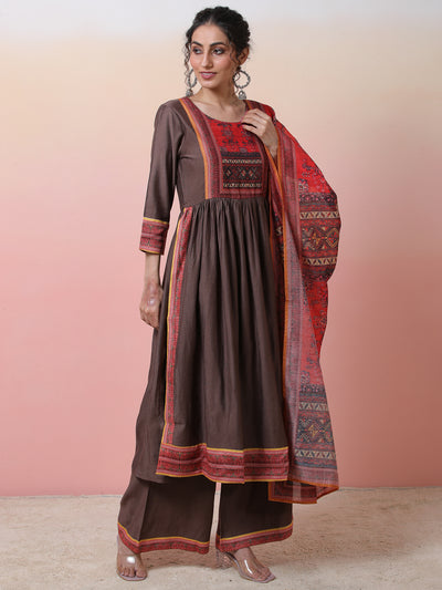 Brown Printed Nyra-Cut Kurta Palazzo With Dupatta