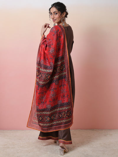 Brown Printed Nyra-Cut Kurta Palazzo With Dupatta