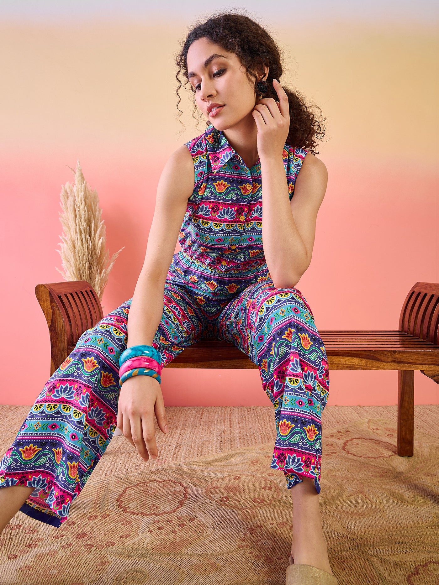 Blue & Pink Floral Print Jumpsuit