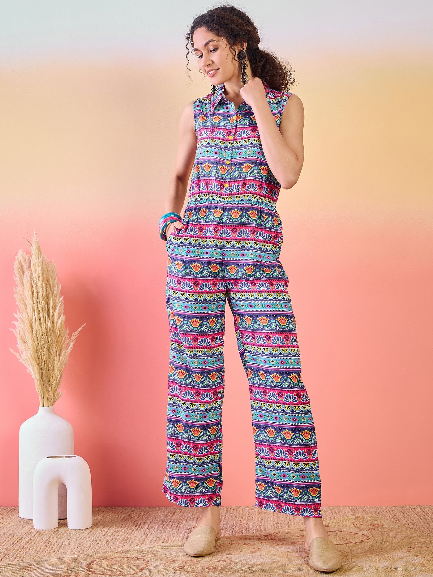 Blue & Pink Floral Print Jumpsuit