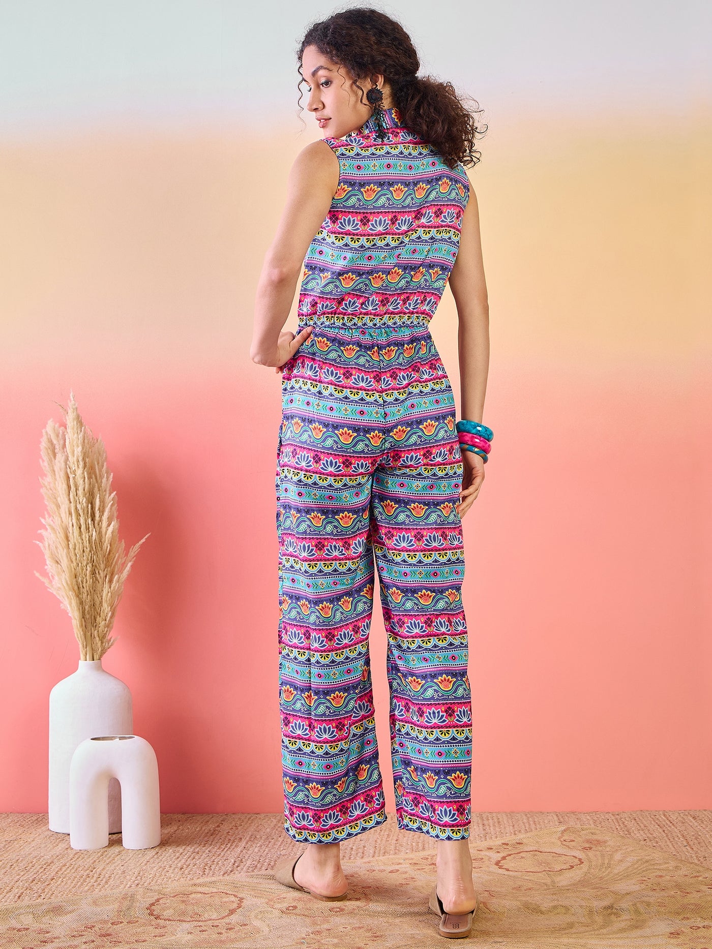 Blue & Pink Floral Print Jumpsuit