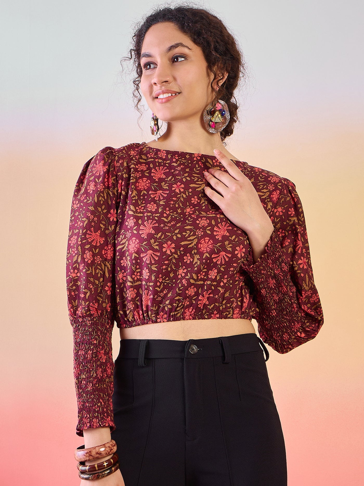 Burgundy Floral Print Crop Top