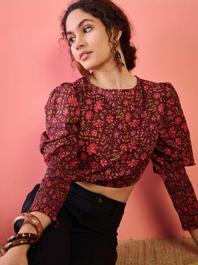 Burgundy Floral Print Crop Top