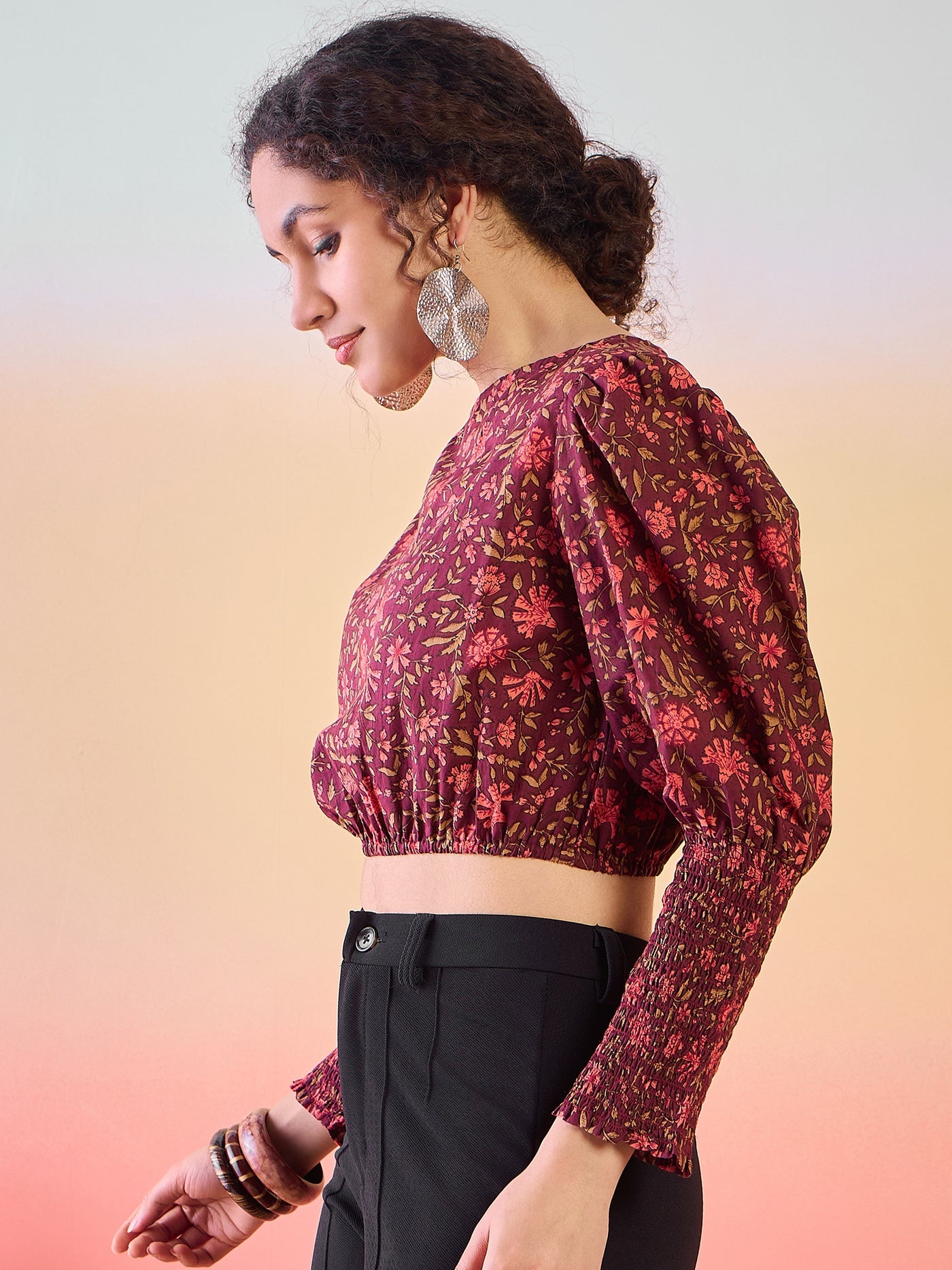 Burgundy Floral Print Crop Top