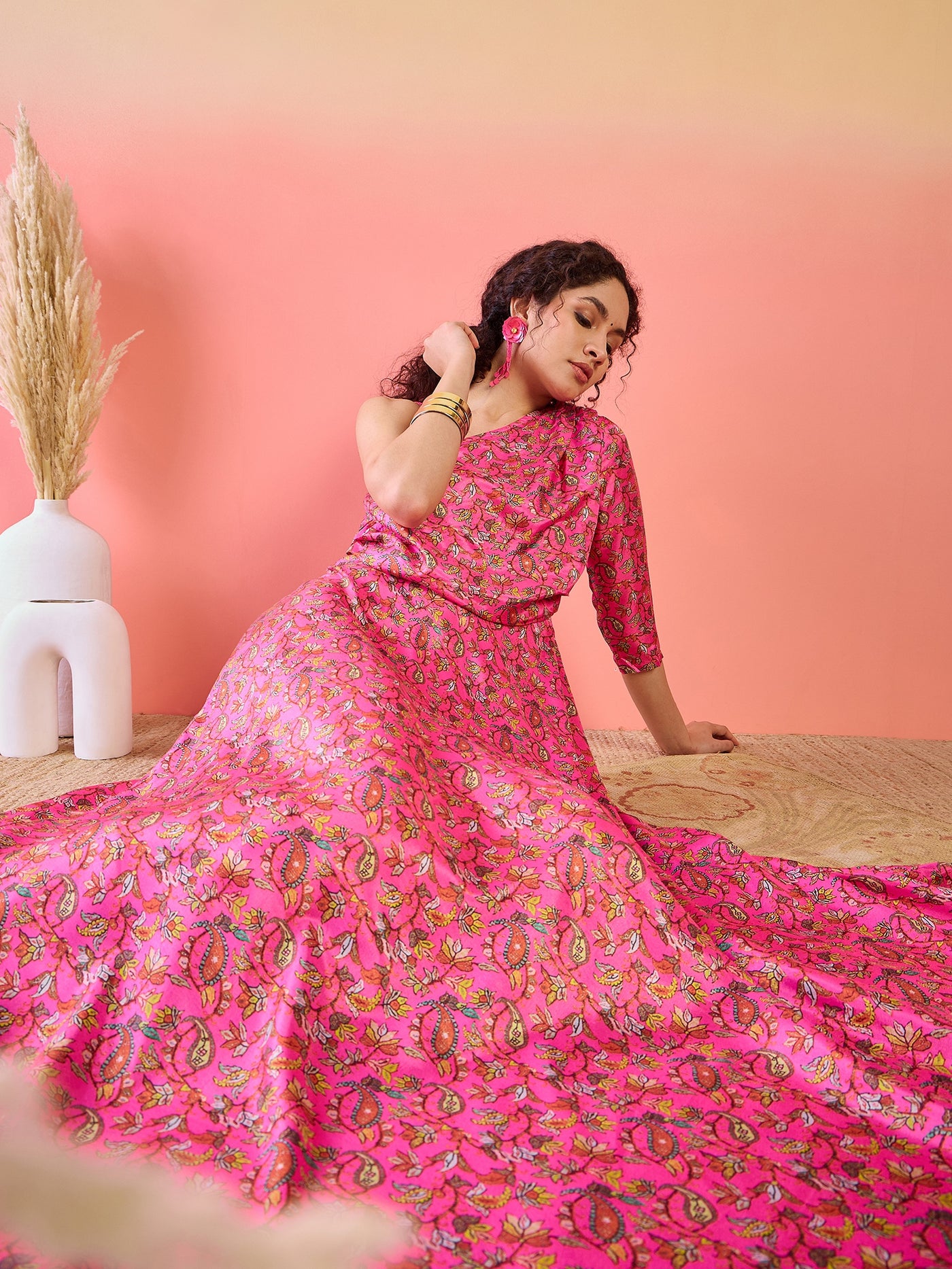 Pink Floral Print Flared Maxi Dress